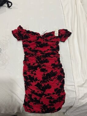 Red Floral Off-Shoulder Ruched Mini Dress